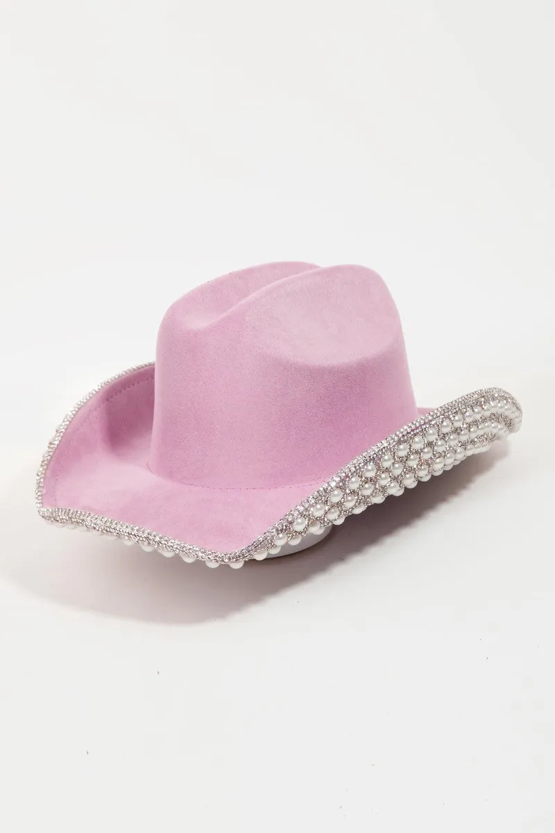 FAME PAVE RHINESTONE PEARL TRIM COWBOY HAT