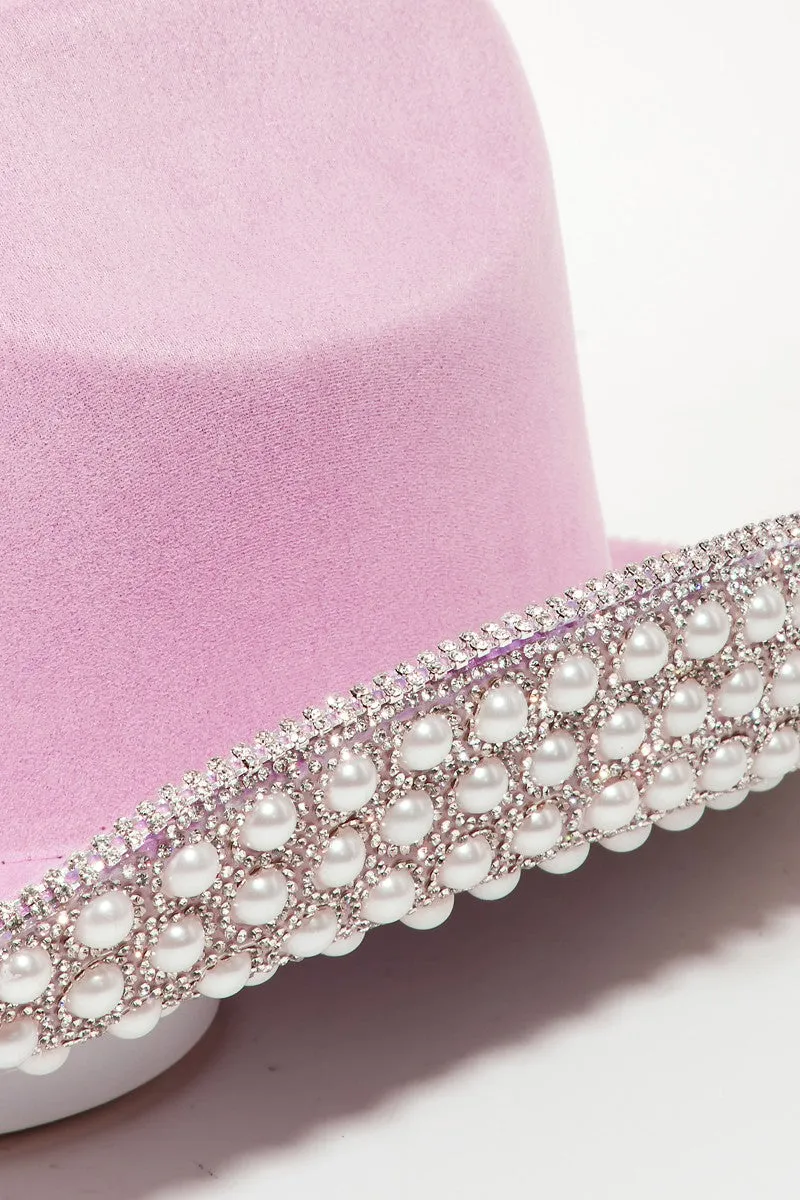 FAME PAVE RHINESTONE PEARL TRIM COWBOY HAT