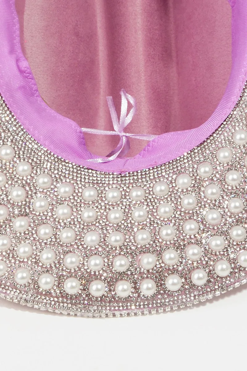 FAME PAVE RHINESTONE PEARL TRIM COWBOY HAT