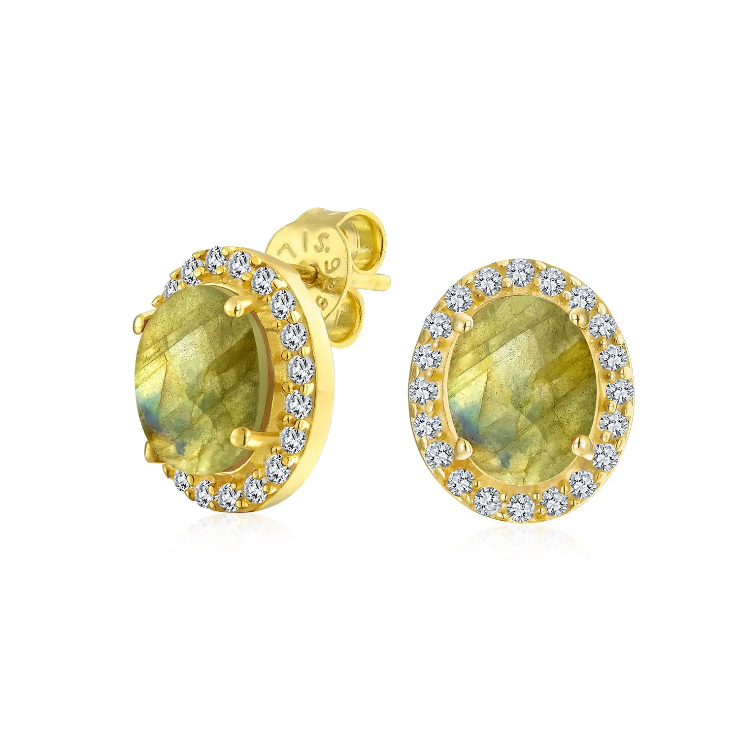 Genuine Gemstone Halo Solitaire Stud Earrings Gold Plated .925 Silver