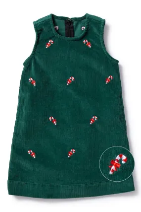 Girls Shift Dress Corduroy Hunter with Candy Cane