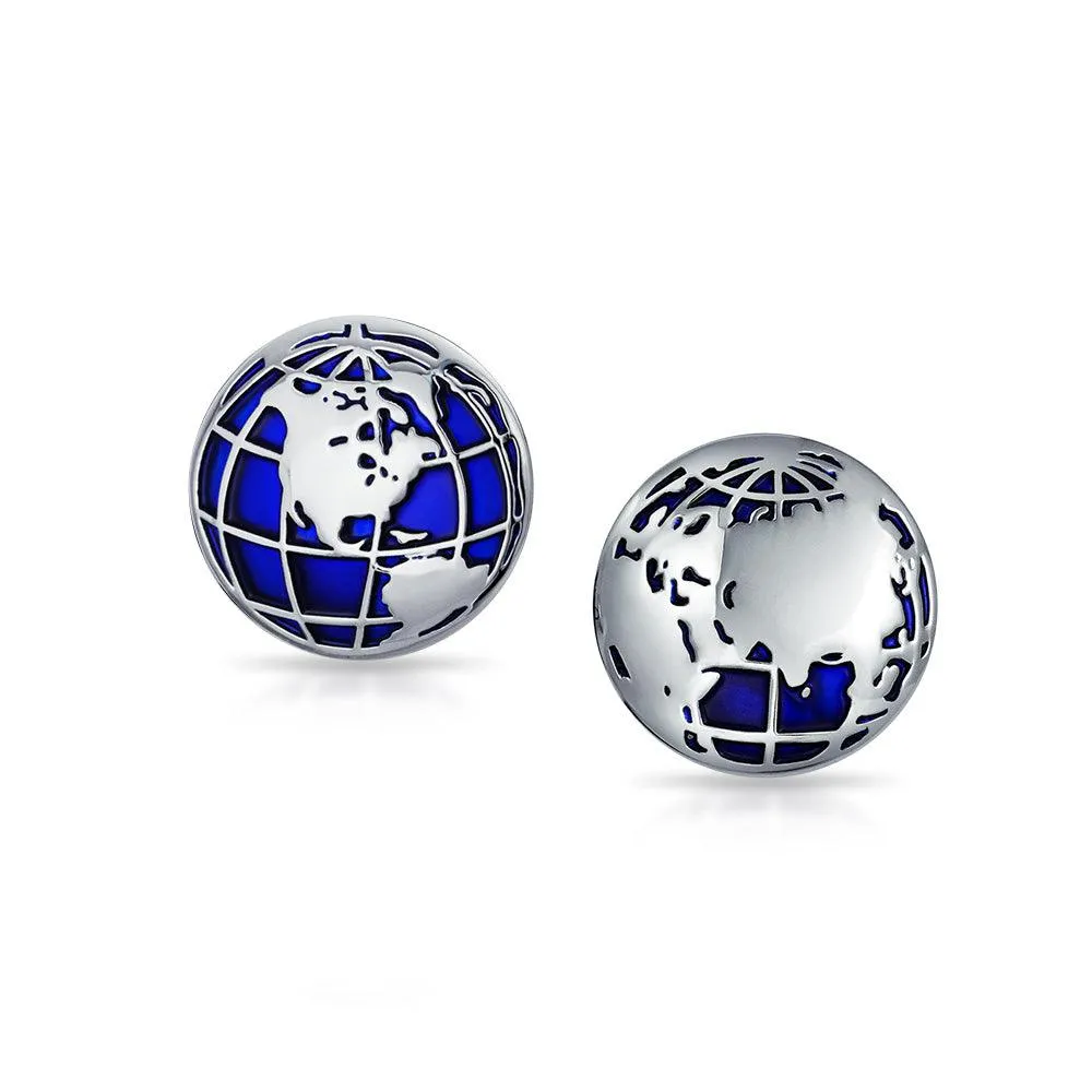 Globe World Map Blue Round Cufflinks Shirt Cufflinks Silver Tone Steel