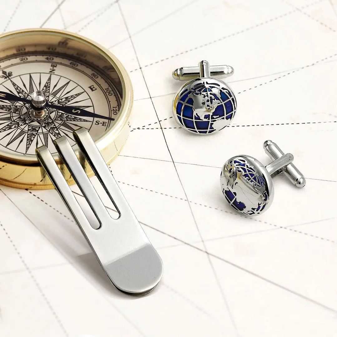 Globe World Map Blue Round Cufflinks Shirt Cufflinks Silver Tone Steel