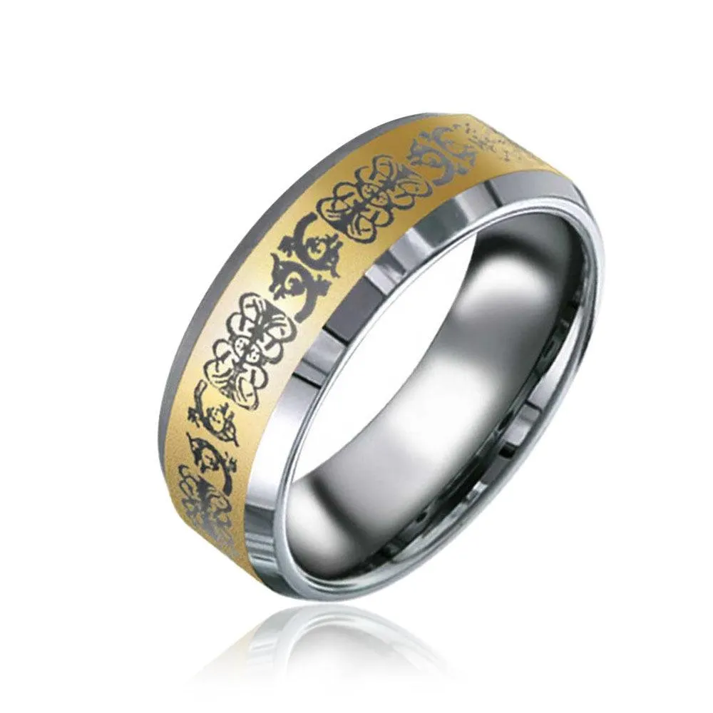 Golden Celtic Knot Dragon Inlay Wedding Band Titanium Ring For Men 8MM