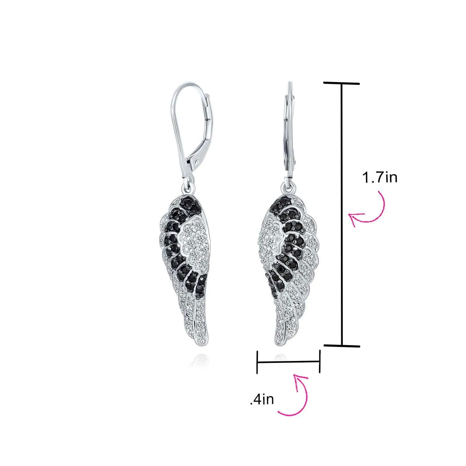 Guardian Angel Wing Feather Black CZ Lever back Earrings Silver Plated