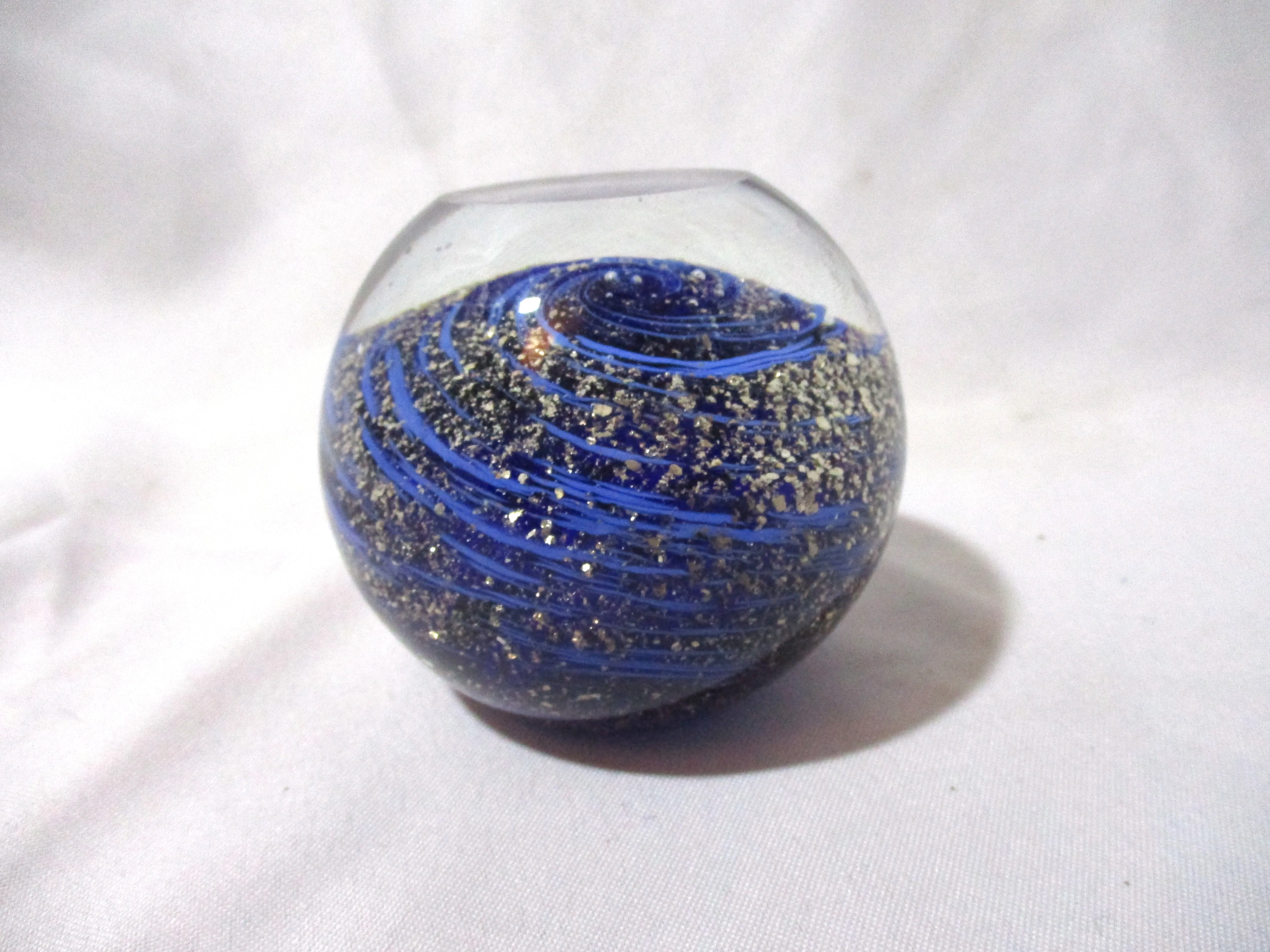 Handmade STORM Whirling Studio Art Glass Paperweight GLOBE Vintage BLUE GOLD