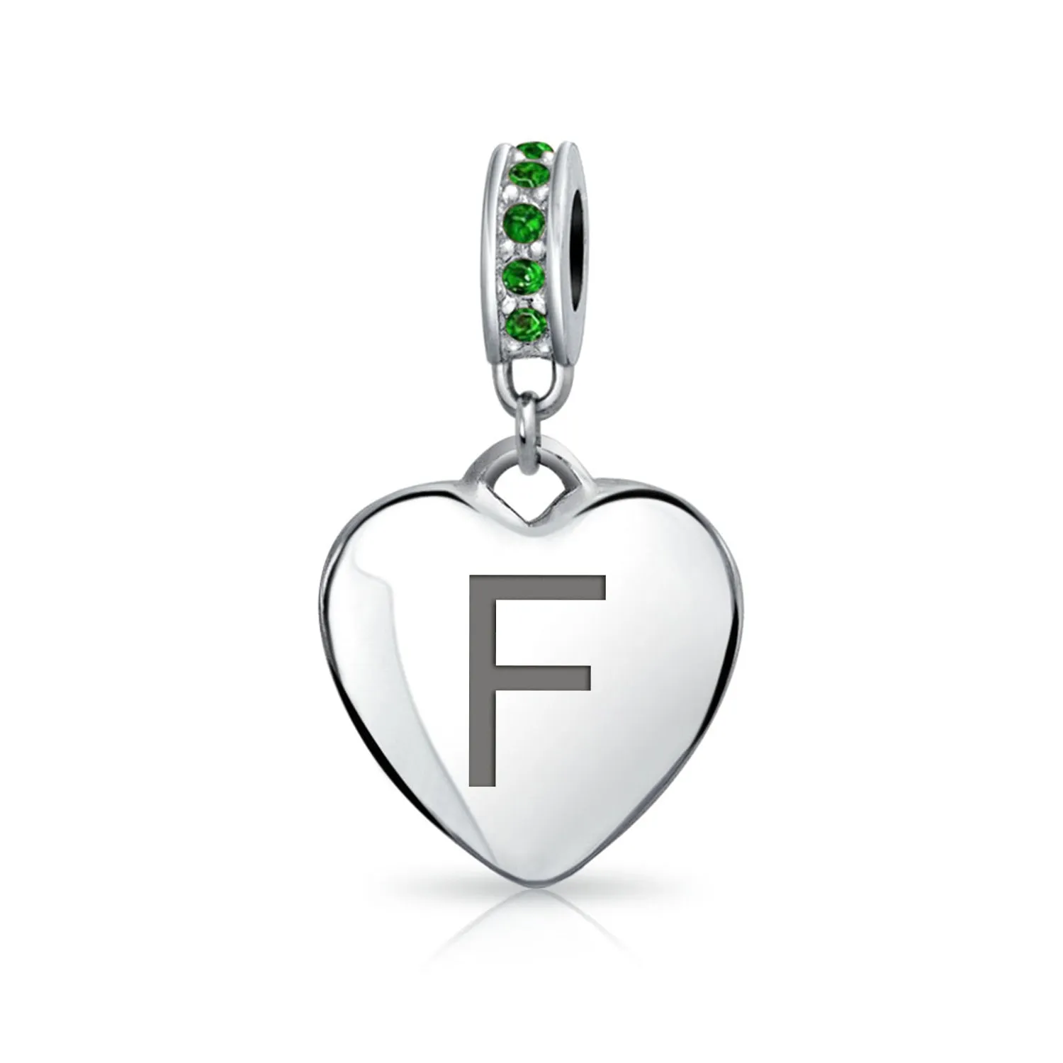 Heart Dangle Bead Charm Crystal Green Month May .925 Sterling Silver