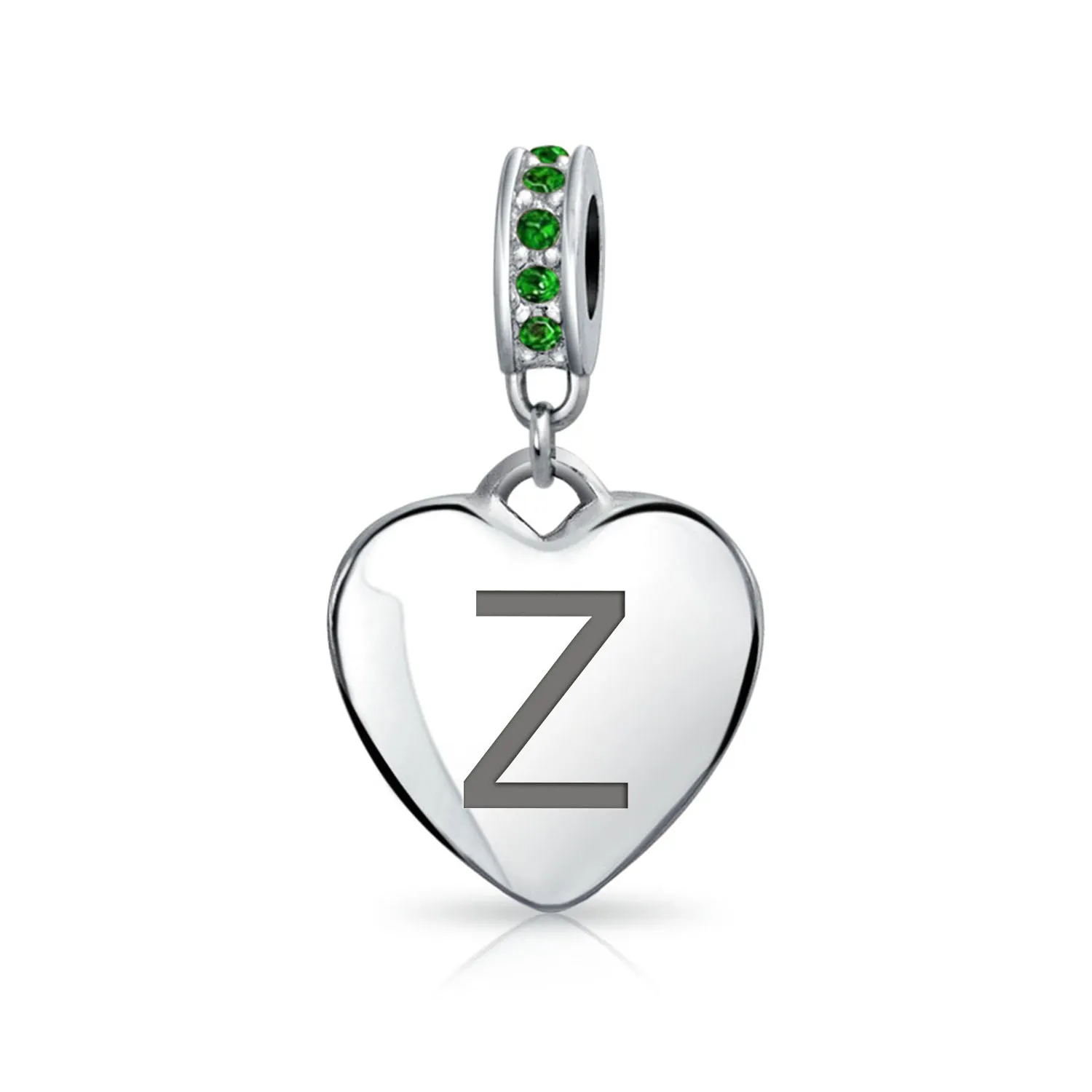 Heart Dangle Bead Charm Crystal Green Month May .925 Sterling Silver