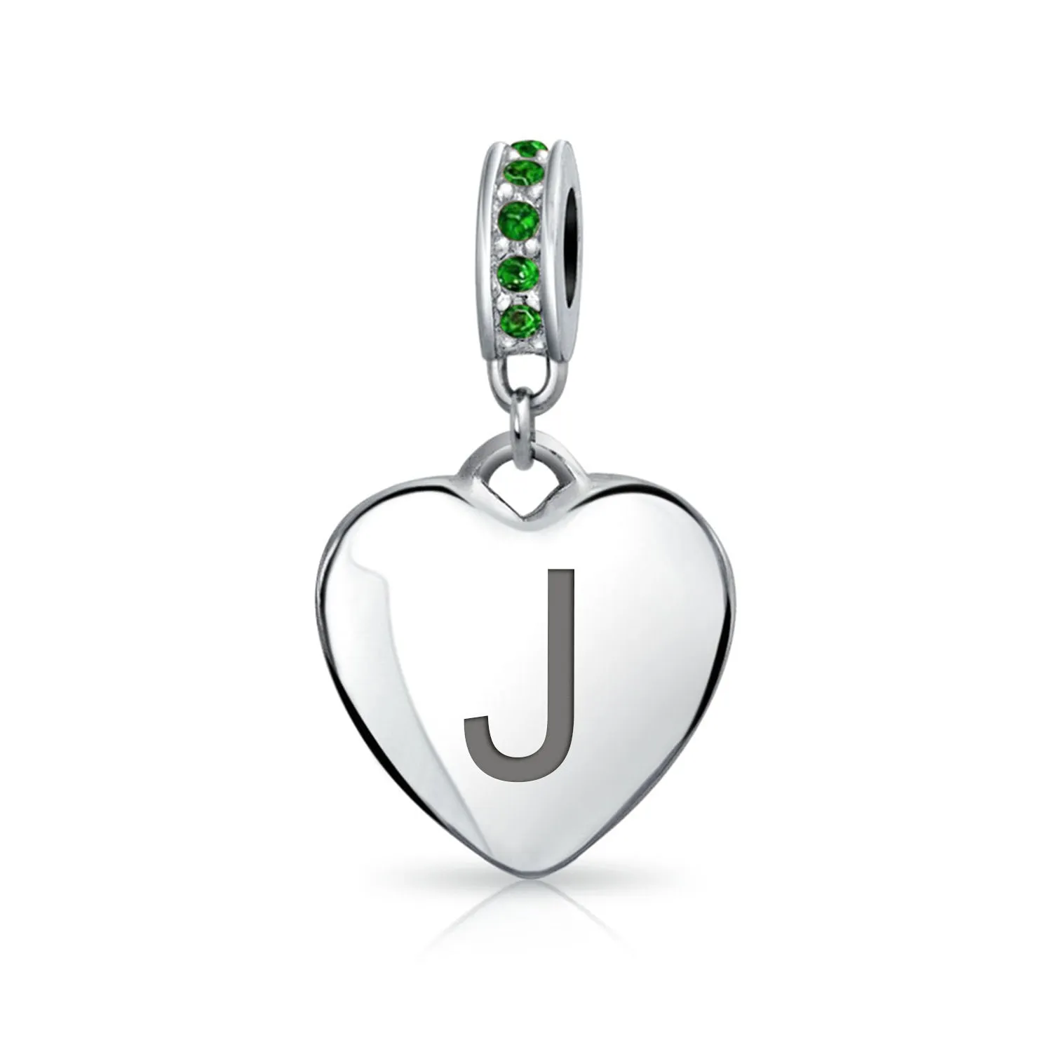 Heart Dangle Bead Charm Crystal Green Month May .925 Sterling Silver