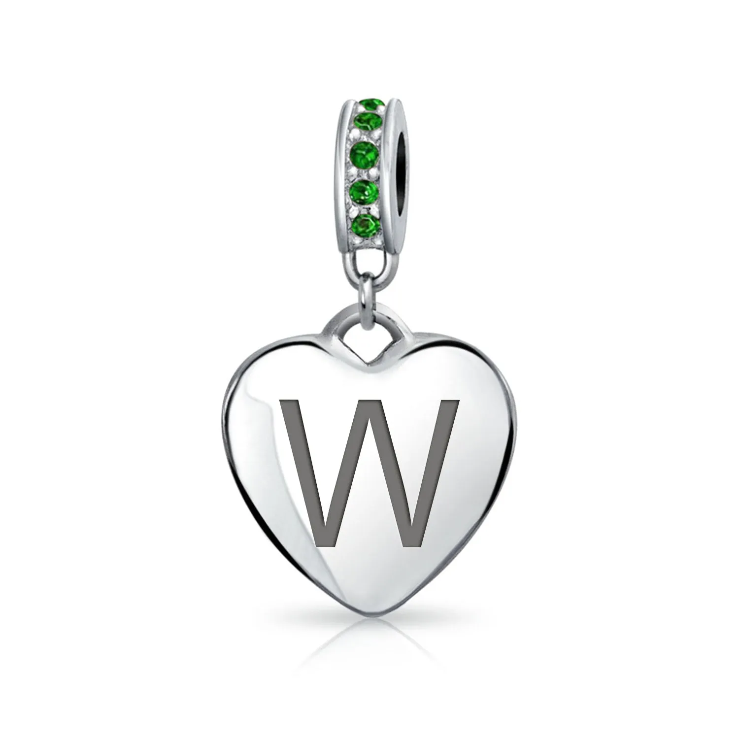 Heart Dangle Bead Charm Crystal Green Month May .925 Sterling Silver