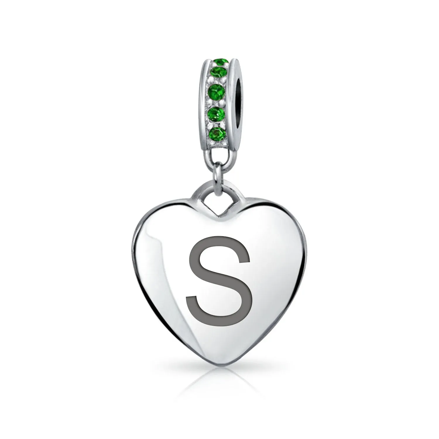 Heart Dangle Bead Charm Crystal Green Month May .925 Sterling Silver