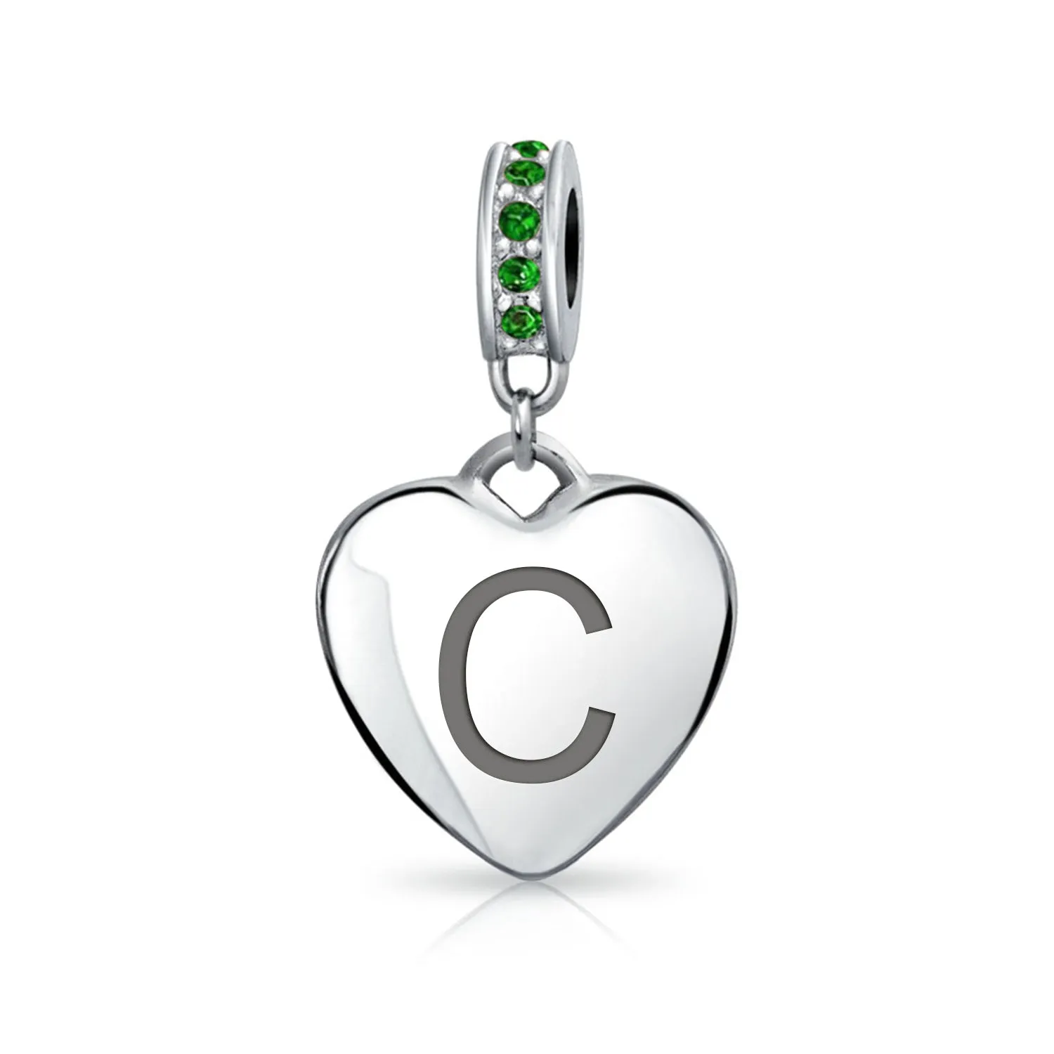 Heart Dangle Bead Charm Crystal Green Month May .925 Sterling Silver