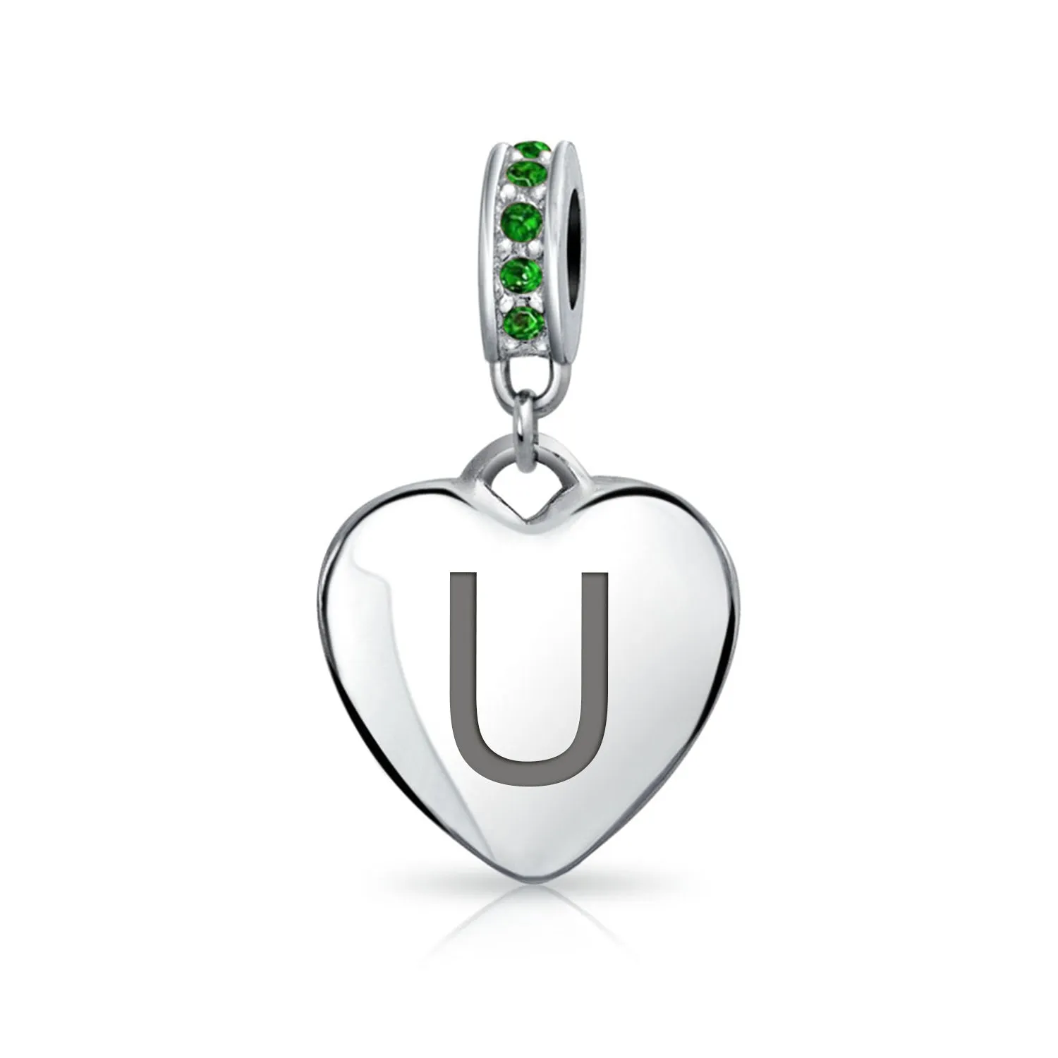 Heart Dangle Bead Charm Crystal Green Month May .925 Sterling Silver