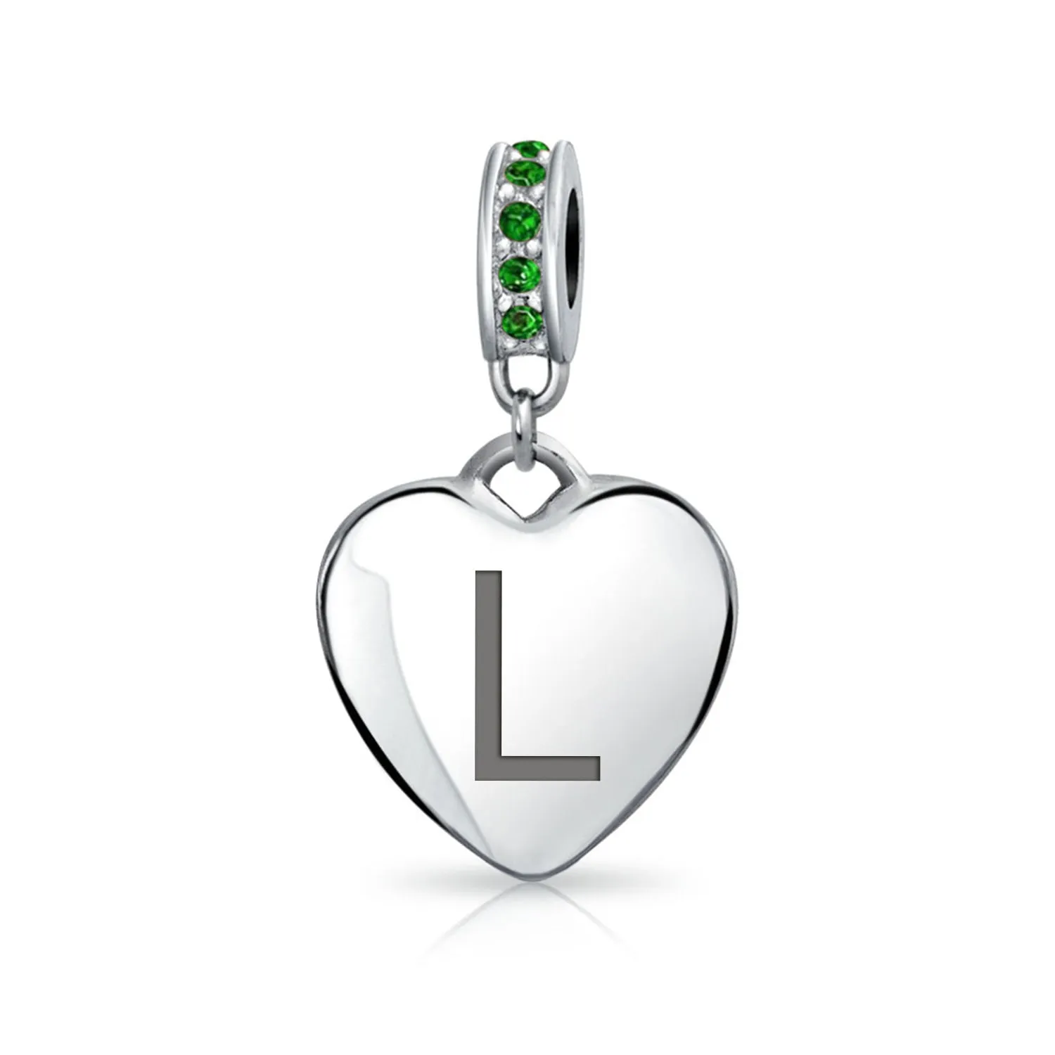 Heart Dangle Bead Charm Crystal Green Month May .925 Sterling Silver