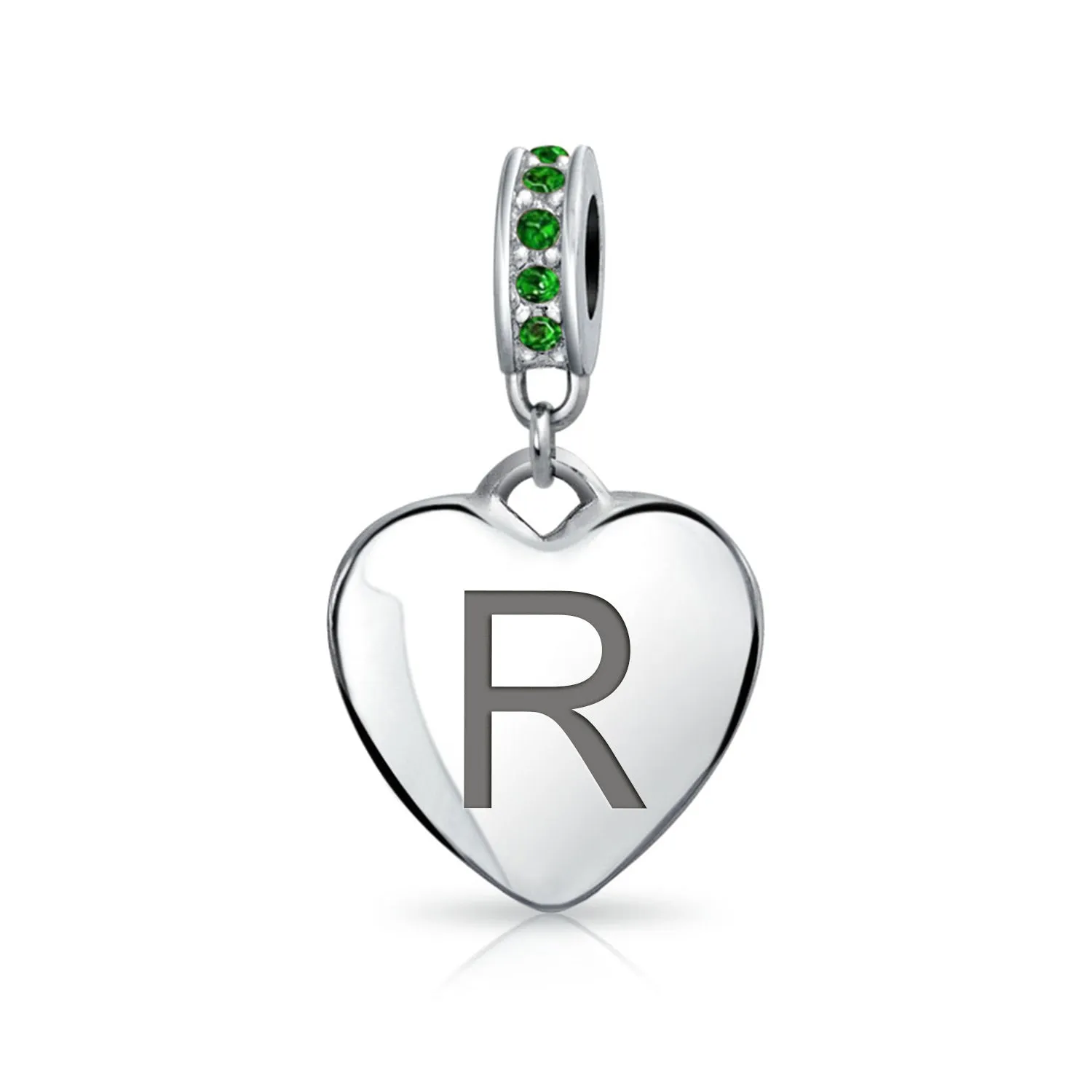 Heart Dangle Bead Charm Crystal Green Month May .925 Sterling Silver