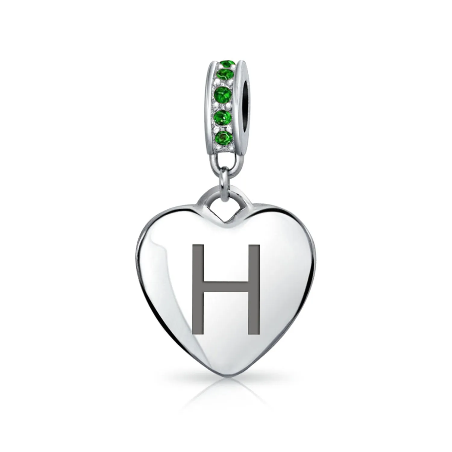 Heart Dangle Bead Charm Crystal Green Month May .925 Sterling Silver