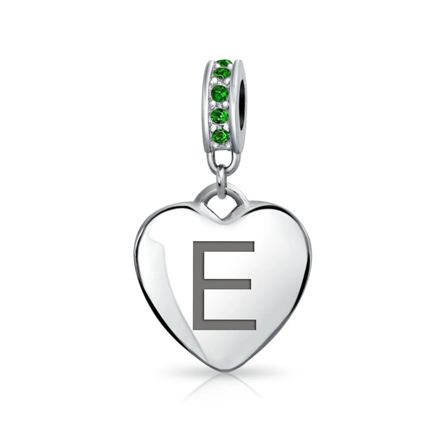 Heart Dangle Bead Charm Crystal Green Month May .925 Sterling Silver