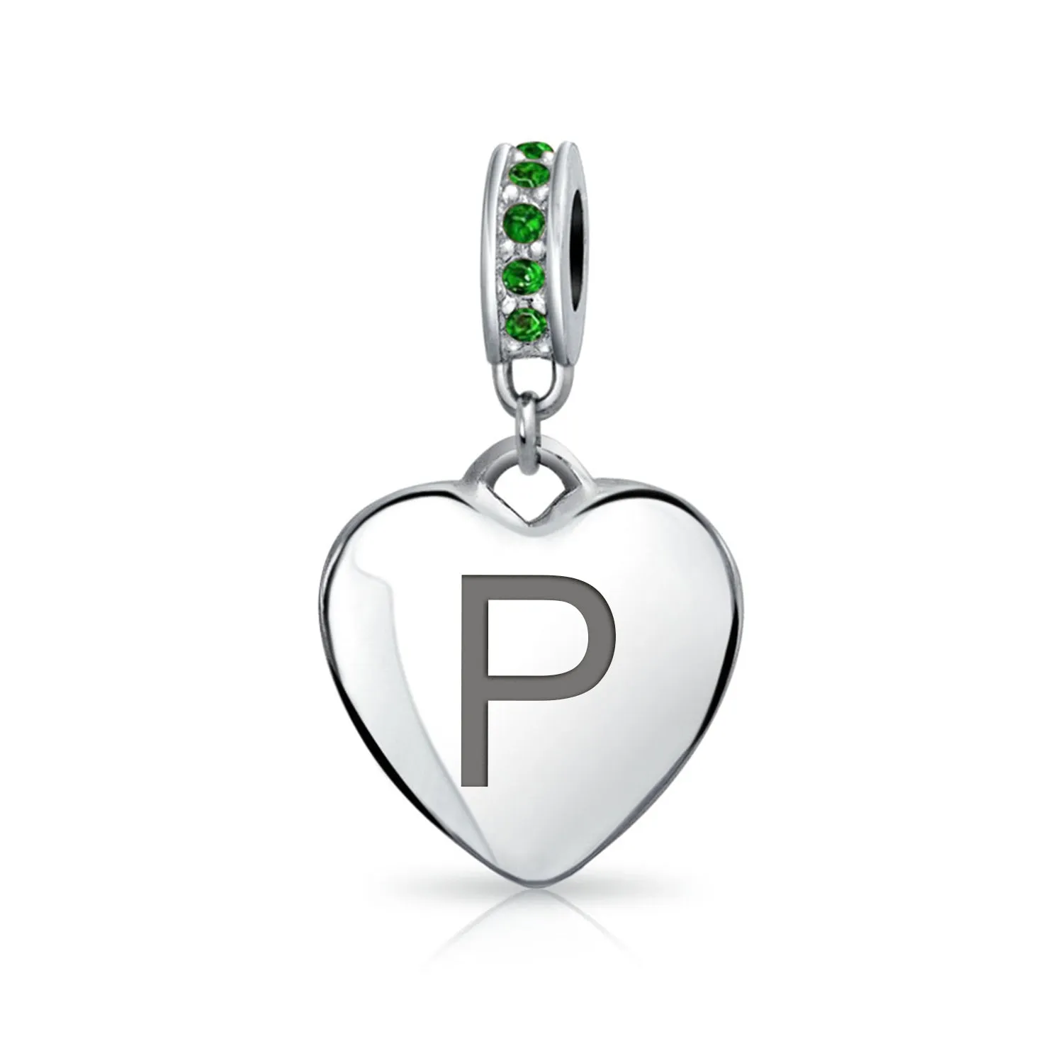 Heart Dangle Bead Charm Crystal Green Month May .925 Sterling Silver