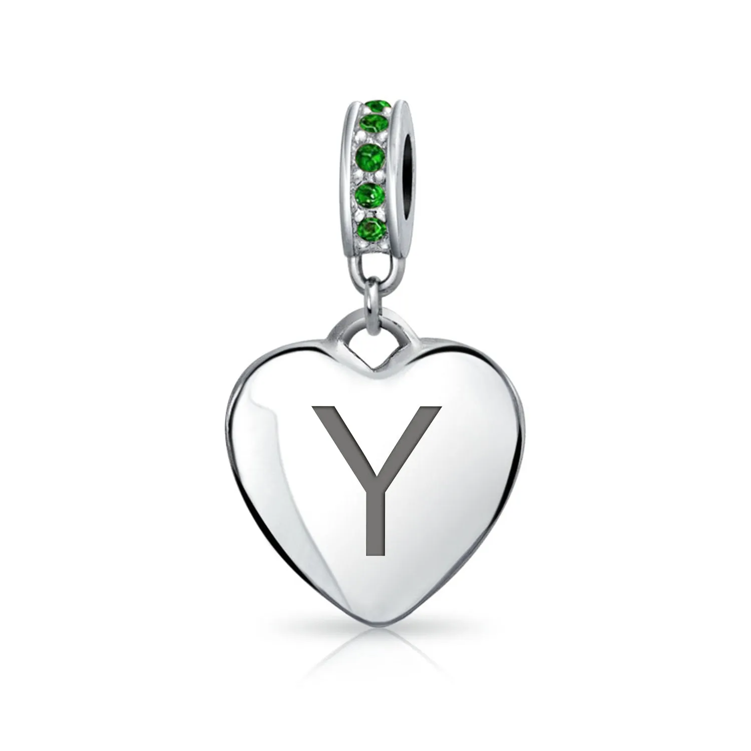 Heart Dangle Bead Charm Crystal Green Month May .925 Sterling Silver