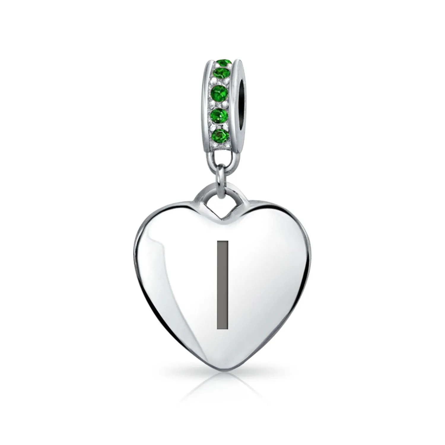 Heart Dangle Bead Charm Crystal Green Month May .925 Sterling Silver