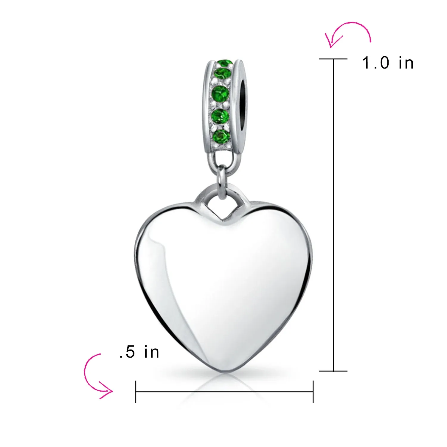 Heart Dangle Bead Charm Crystal Green Month May .925 Sterling Silver