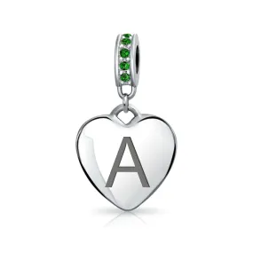 Heart Dangle Bead Charm Crystal Green Month May .925 Sterling Silver