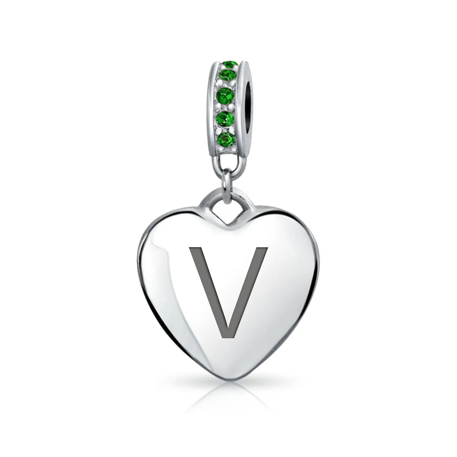 Heart Dangle Bead Charm Crystal Green Month May .925 Sterling Silver