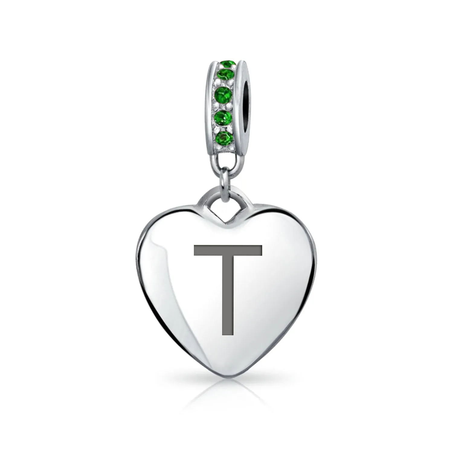 Heart Dangle Bead Charm Crystal Green Month May .925 Sterling Silver