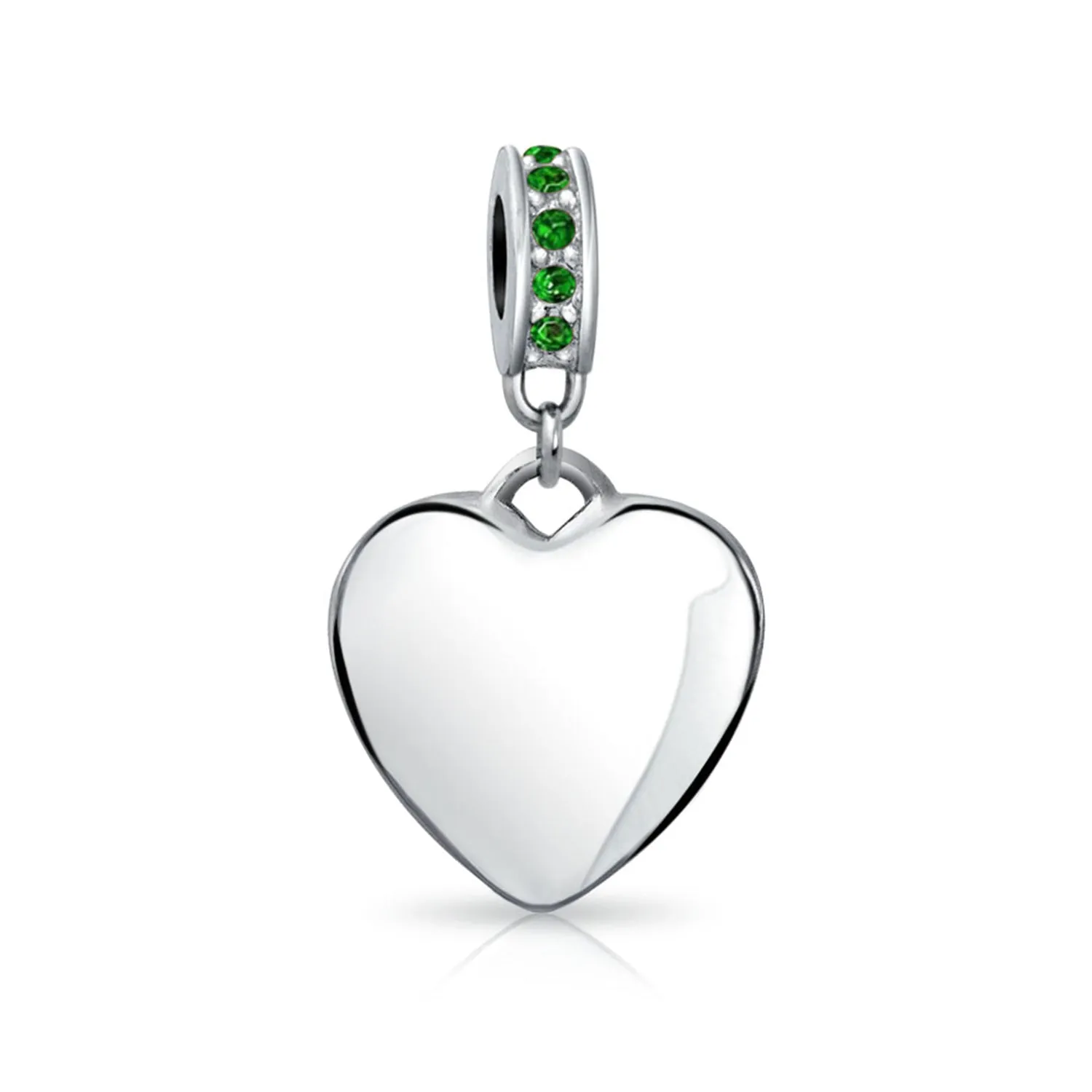 Heart Dangle Bead Charm Crystal Green Month May .925 Sterling Silver