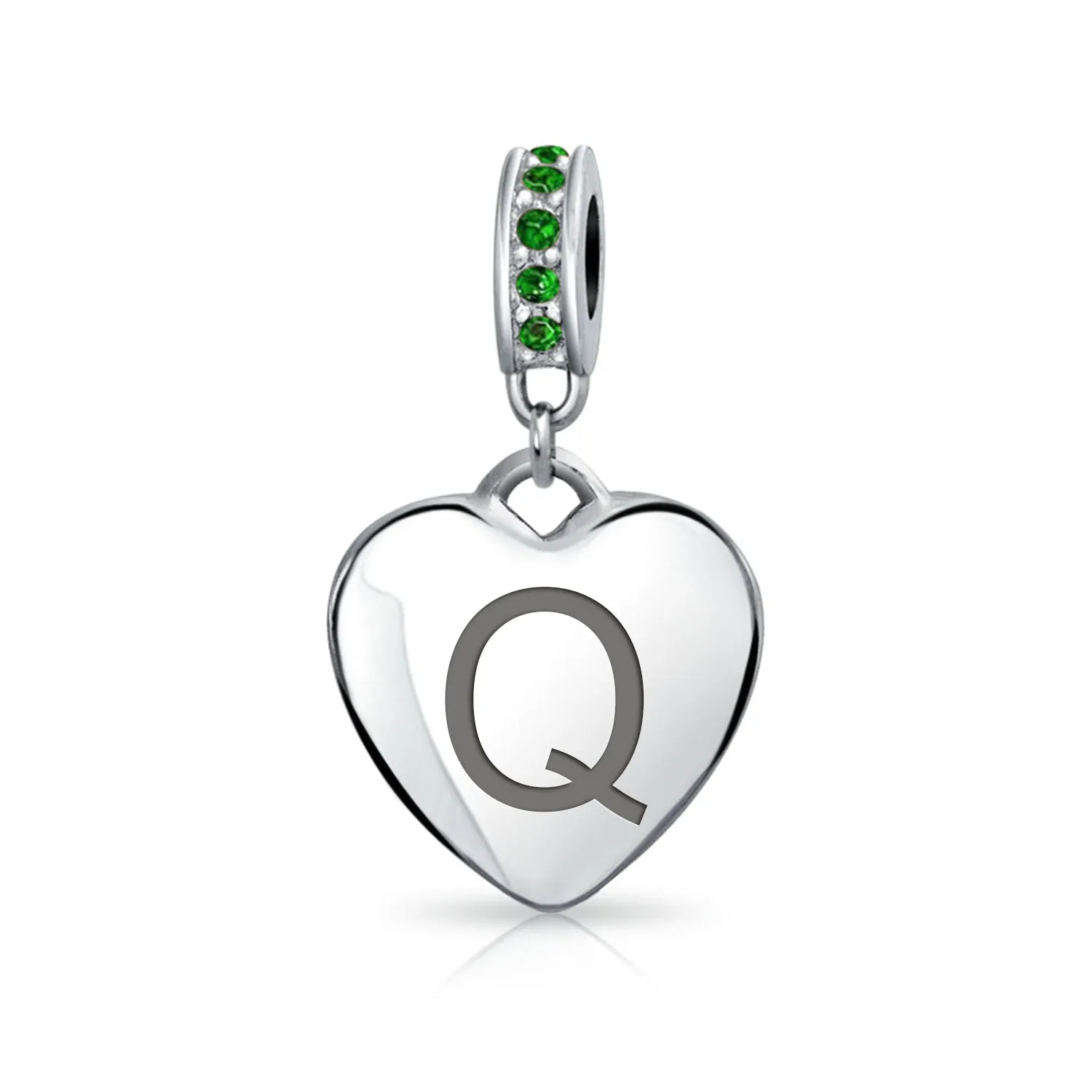 Heart Dangle Bead Charm Crystal Green Month May .925 Sterling Silver