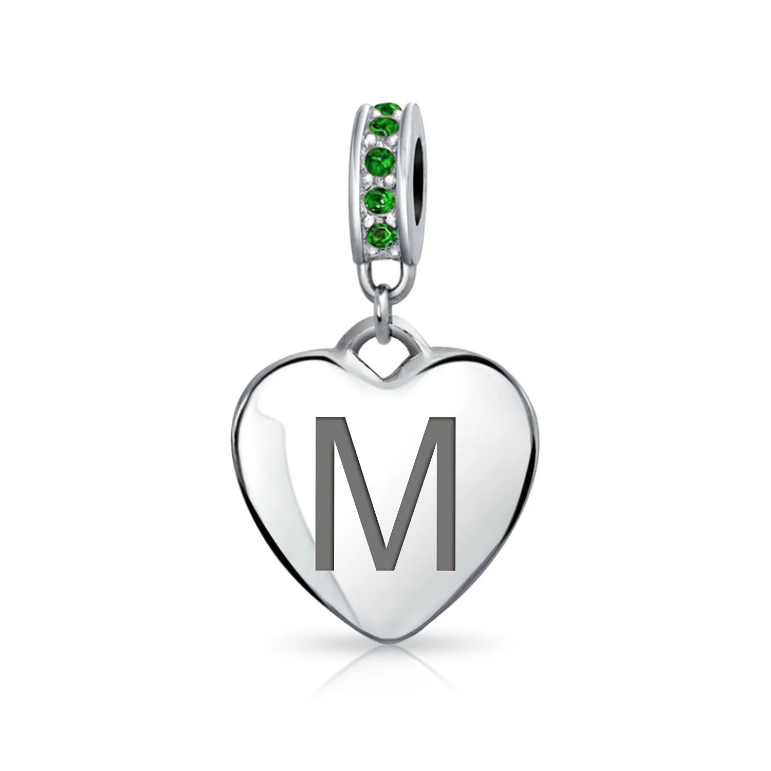 Heart Dangle Bead Charm Crystal Green Month May .925 Sterling Silver