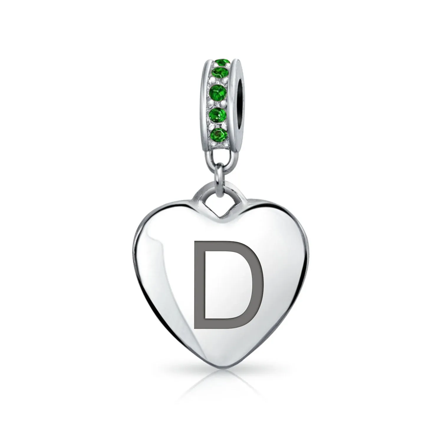 Heart Dangle Bead Charm Crystal Green Month May .925 Sterling Silver