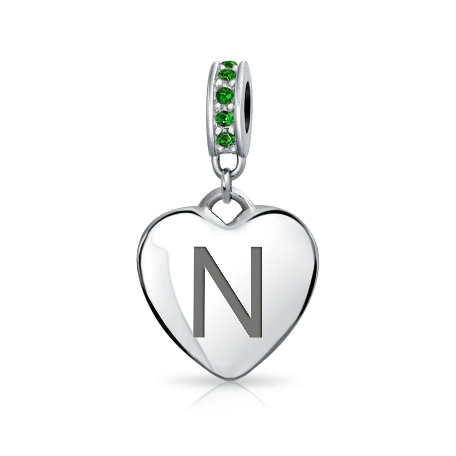 Heart Dangle Bead Charm Crystal Green Month May .925 Sterling Silver