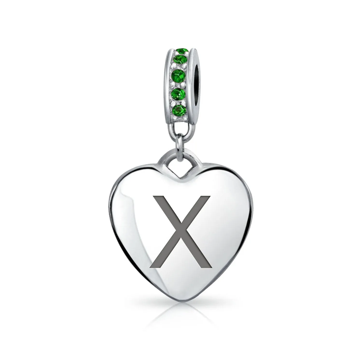 Heart Dangle Bead Charm Crystal Green Month May .925 Sterling Silver