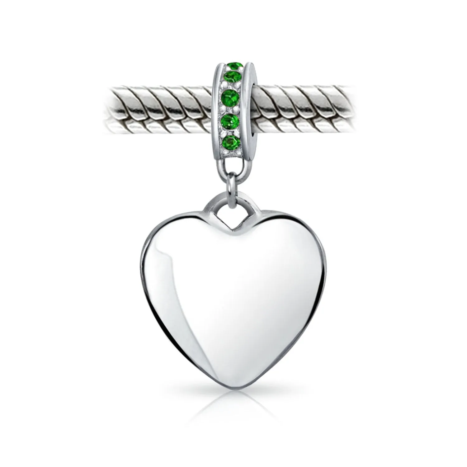 Heart Dangle Bead Charm Crystal Green Month May .925 Sterling Silver