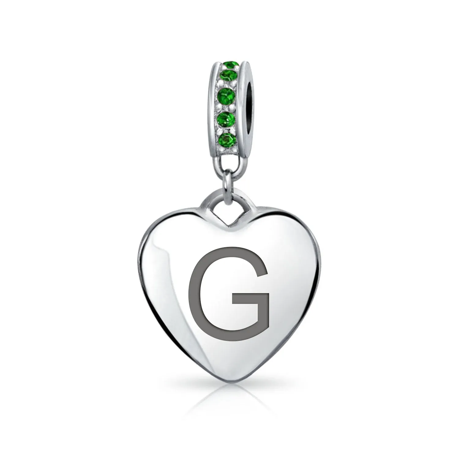 Heart Dangle Bead Charm Crystal Green Month May .925 Sterling Silver