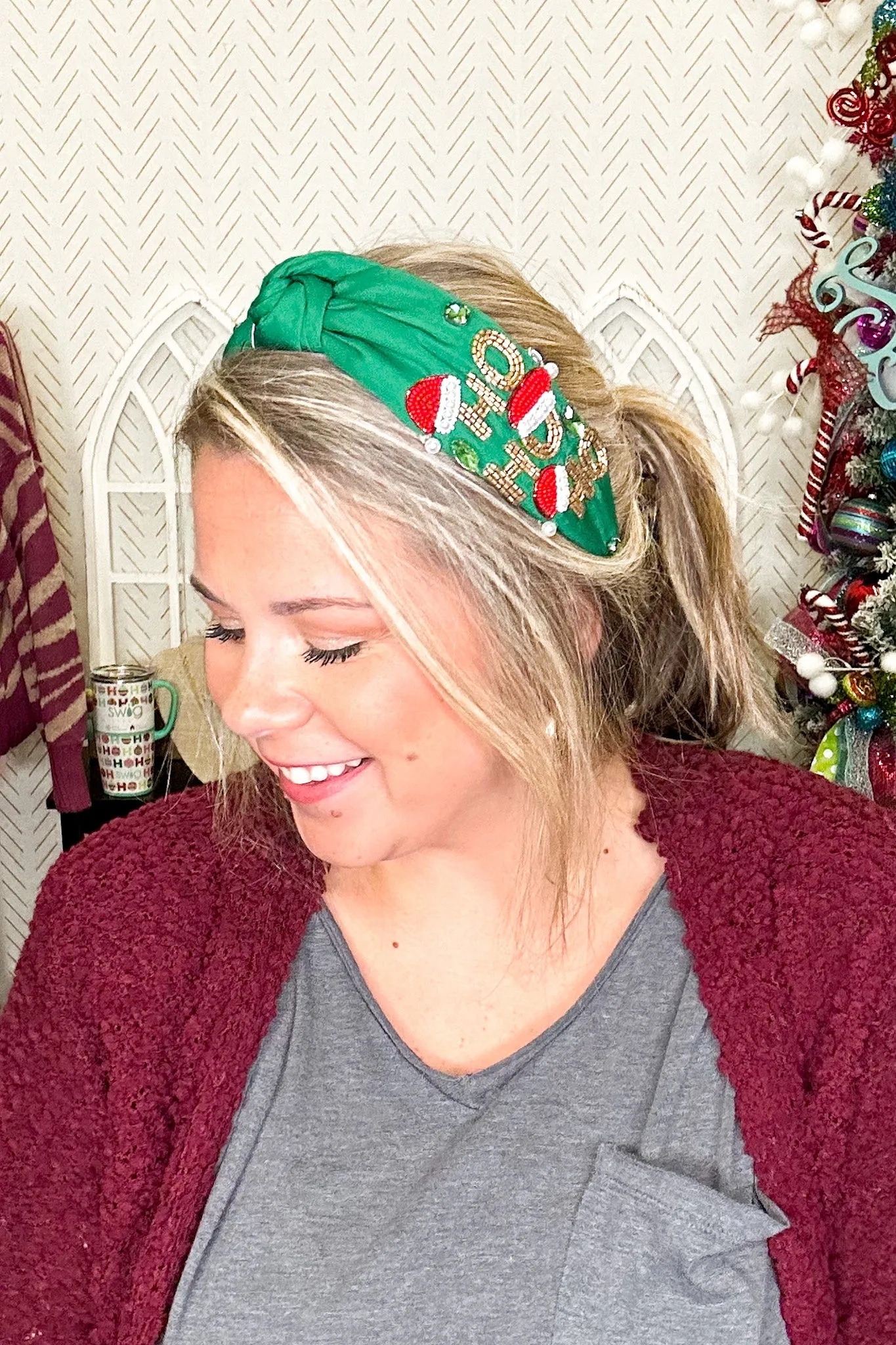 Ho Ho Ho Santa Hat Beaded Headband, Dark Green