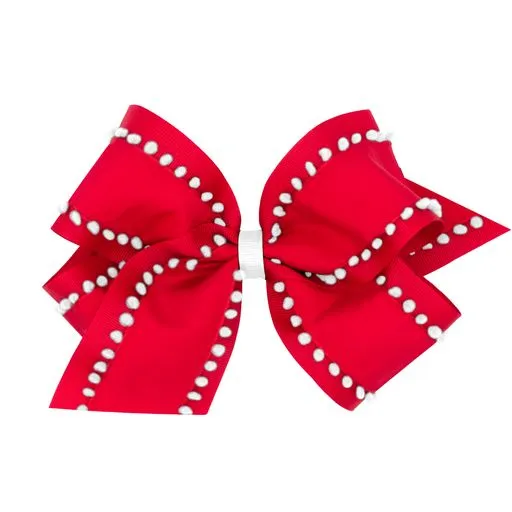 Holiday Style Pom-Pom Edge Grosgrain Overlay Hair Bow