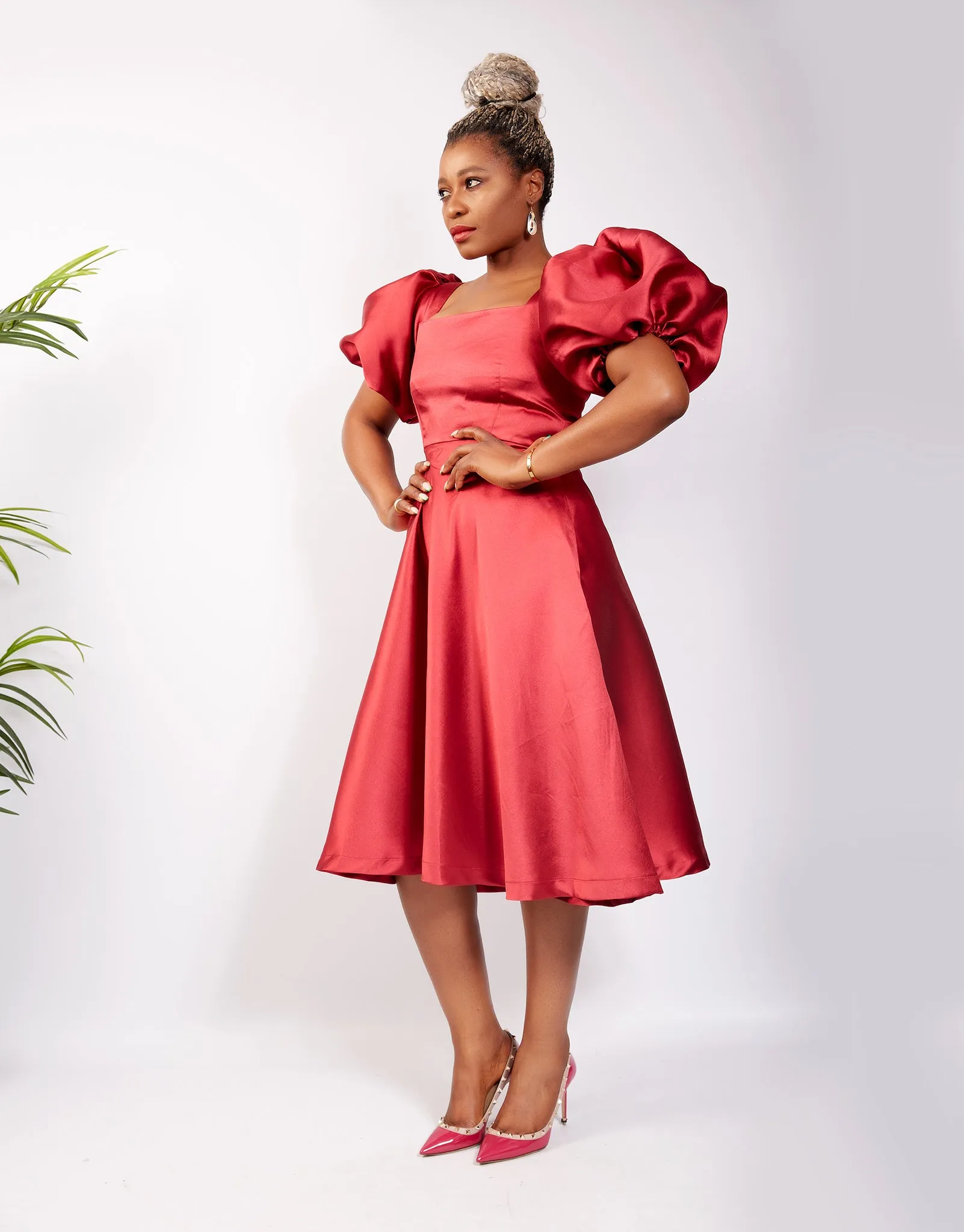 Maroon Puff Sleeve Mikado Flare Midi Dress - Afrida