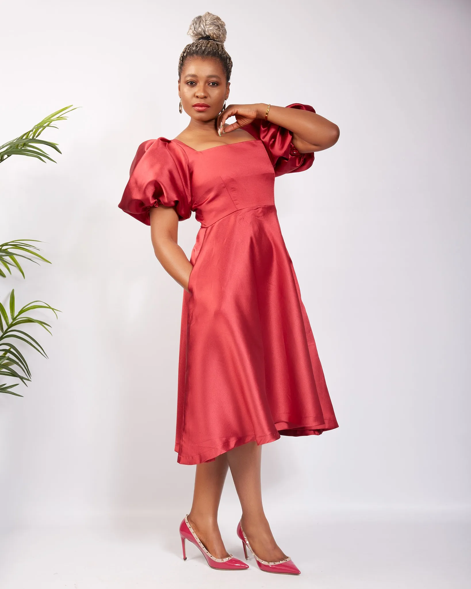 Maroon Puff Sleeve Mikado Flare Midi Dress - Afrida