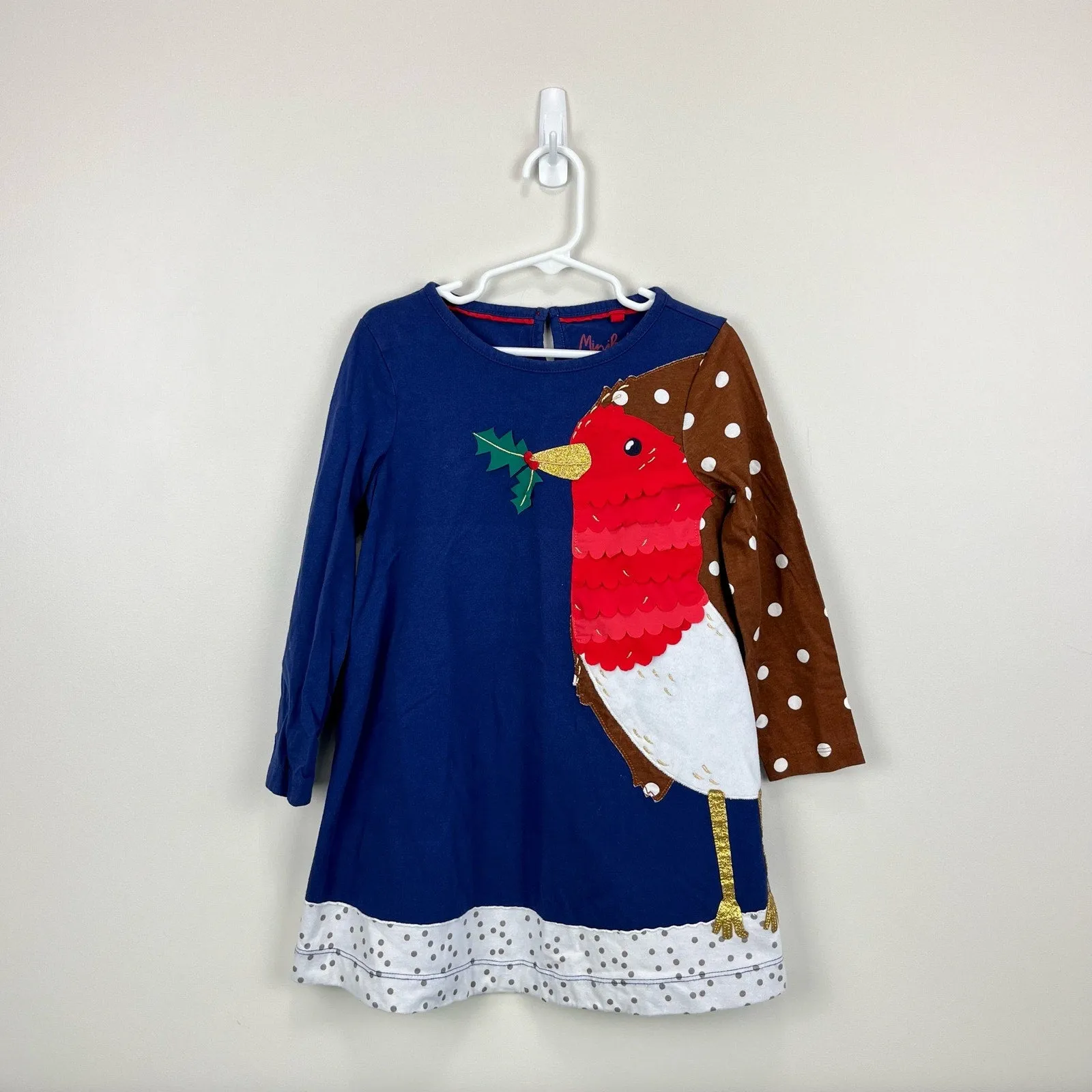 Mini Boden Festive Big Applique Dress Starboard Blue Robin 4-5