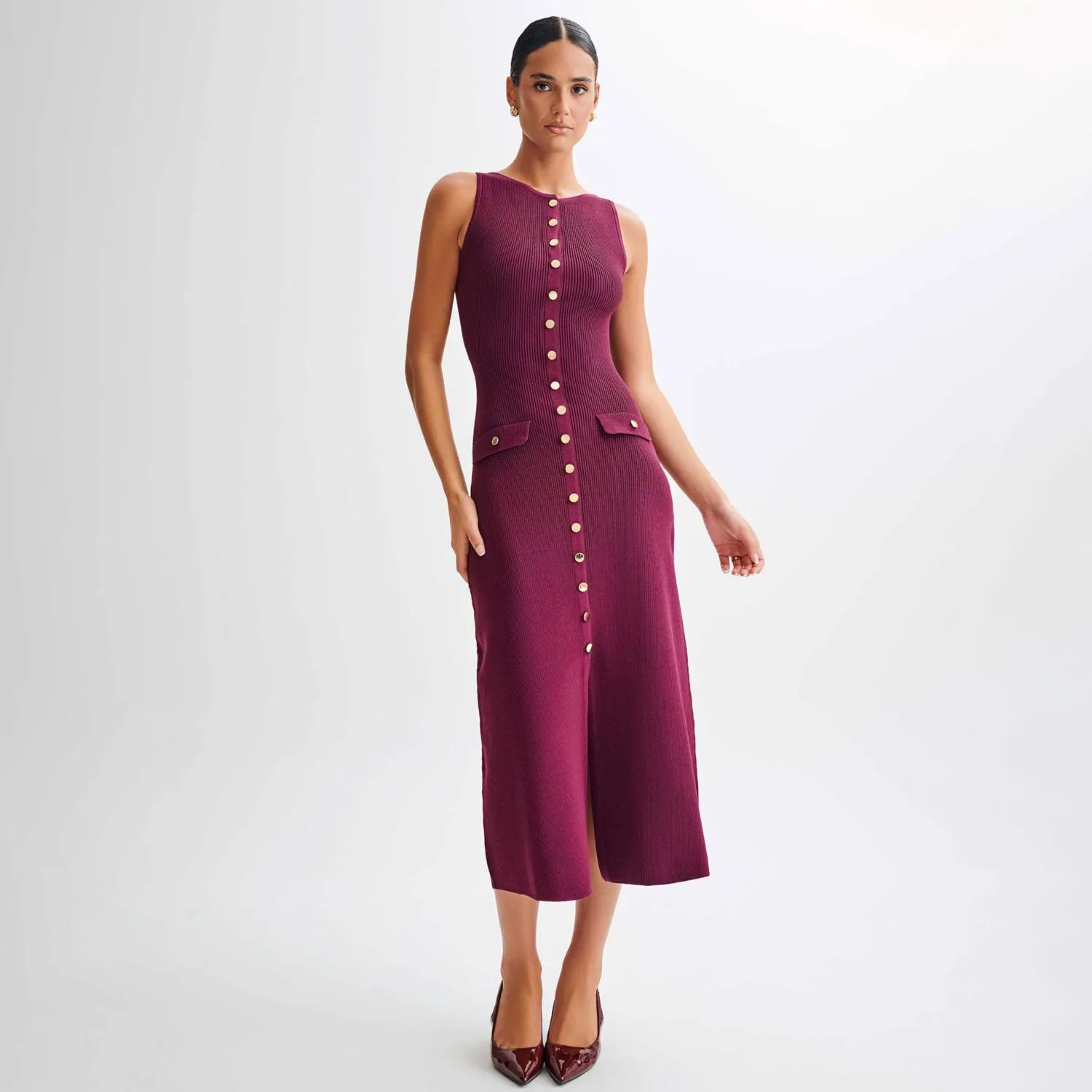 Minimalist Crew Neck Button Down Ribbed Knit Sleeveless Sweater Midi Dress