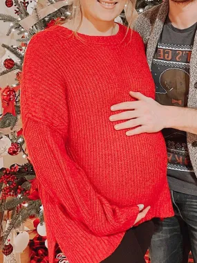 Momnfancy Red Knitting Long Sleeve Pullover Top Christmas Maternity Sweater