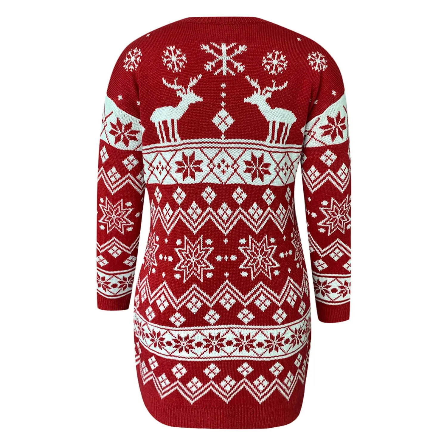 Nordic Fair Isle Red Christmas Snowflake Jacquard Knit Mini Sweater Dress