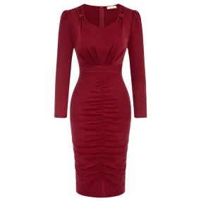 Seckill Offer⌛Vintage Ruched Dress Long Sleeve Defined Waist Bodycon Dress