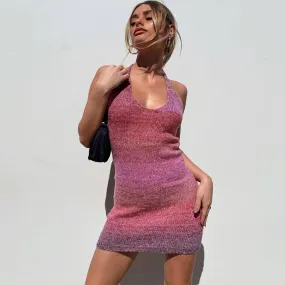 Sexy Halter Neck Sleeveless Open Back Ombre Knit Mini Bodycon Dress