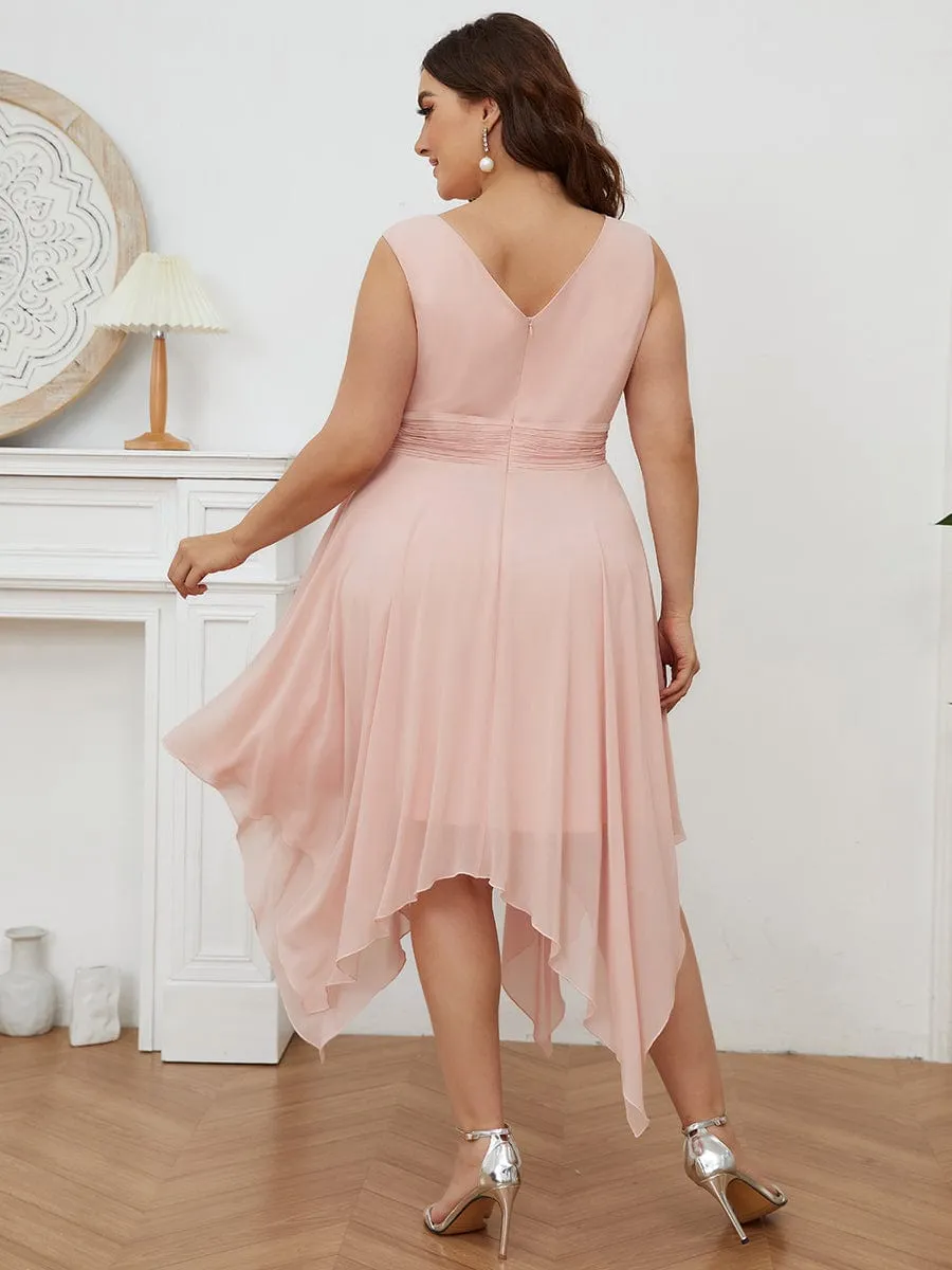 V Neck Ruched Asymmetrical Hems Midi Chiffon Bridesmaid Dress