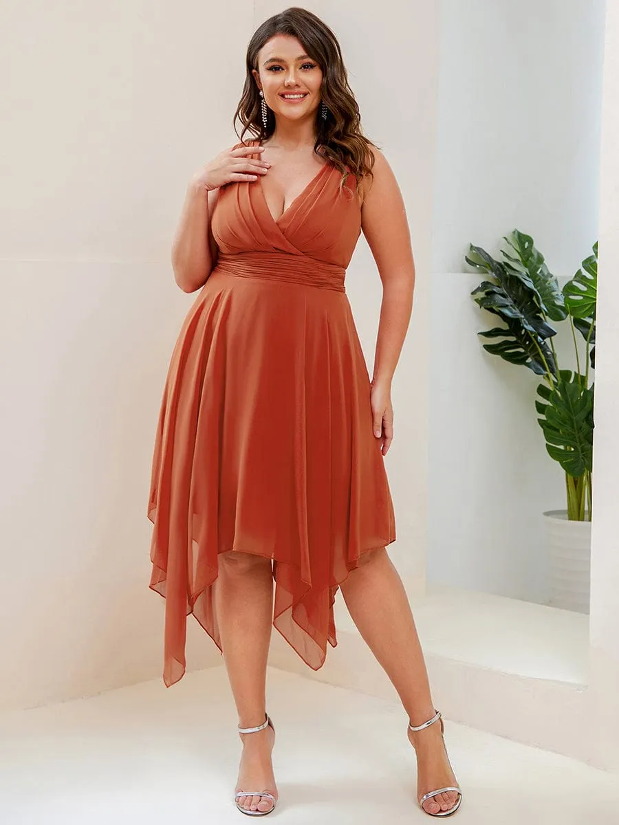 V Neck Ruched Asymmetrical Hems Midi Chiffon Bridesmaid Dress