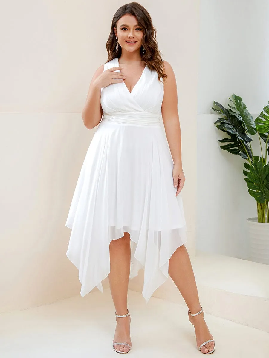 V Neck Ruched Asymmetrical Hems Midi Chiffon Bridesmaid Dress