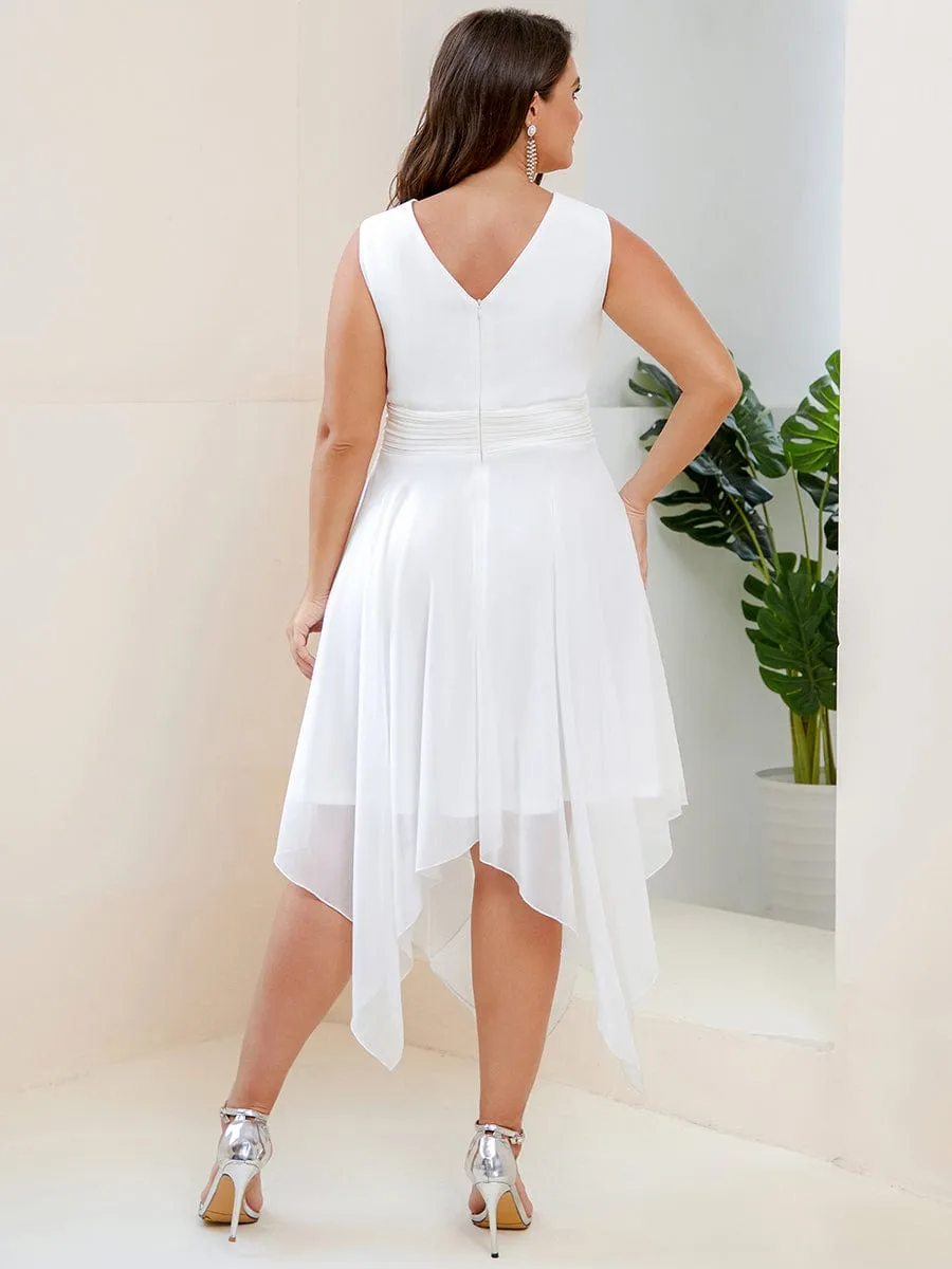 V Neck Ruched Asymmetrical Hems Midi Chiffon Bridesmaid Dress